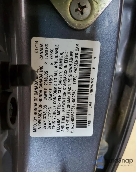 2014 Honda Civic Lx from USA, damaged, VIN 2HGFB2F51EH512843